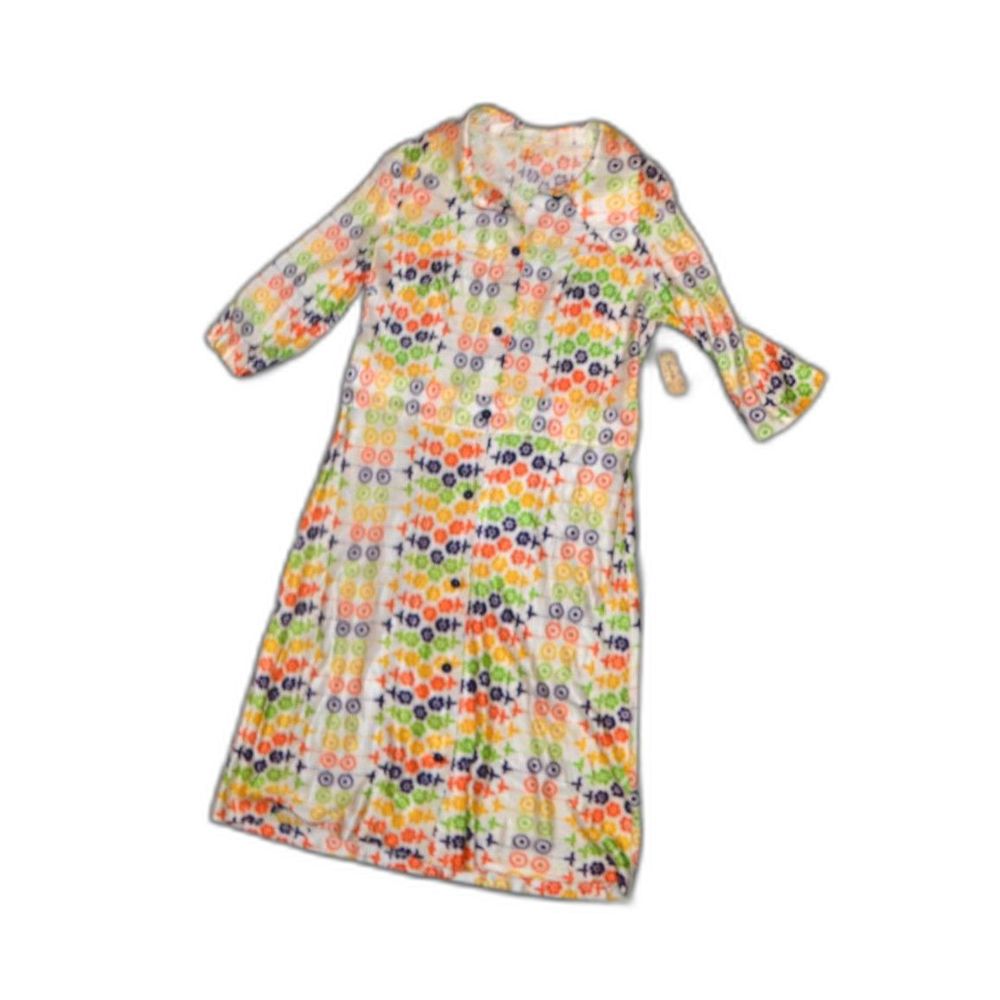 NOS MCM Groovy Vibrant K-10 Slinky 60s Floral 1/2 Sleeve Midi Full Button Dress